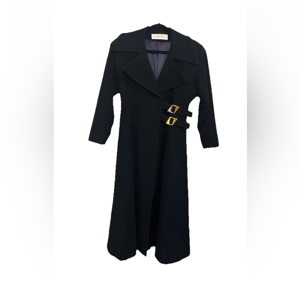 Vintage Lavantino Black Cashmere Wool Maxi Coat Gold Buckle 80s Power Jacket S